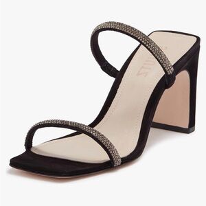 SCHUTZ Woman’s Salwa Black Suede Rhinestone Mid Mule Heel Sandals Size 9